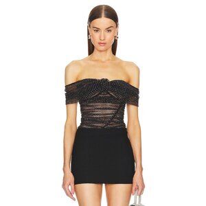 NWT $380 Self Portrait Rhinestone Fishnet x Tulle Top Black Size 6